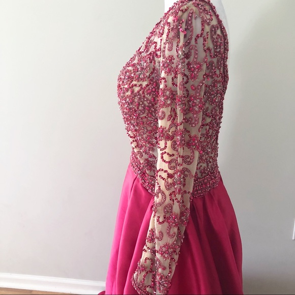 Jovani Pink Red Jeweled Long Sleeve Mermaid Dress 14 Formal Pageant Prom 46708 - Picture 7 of 13
